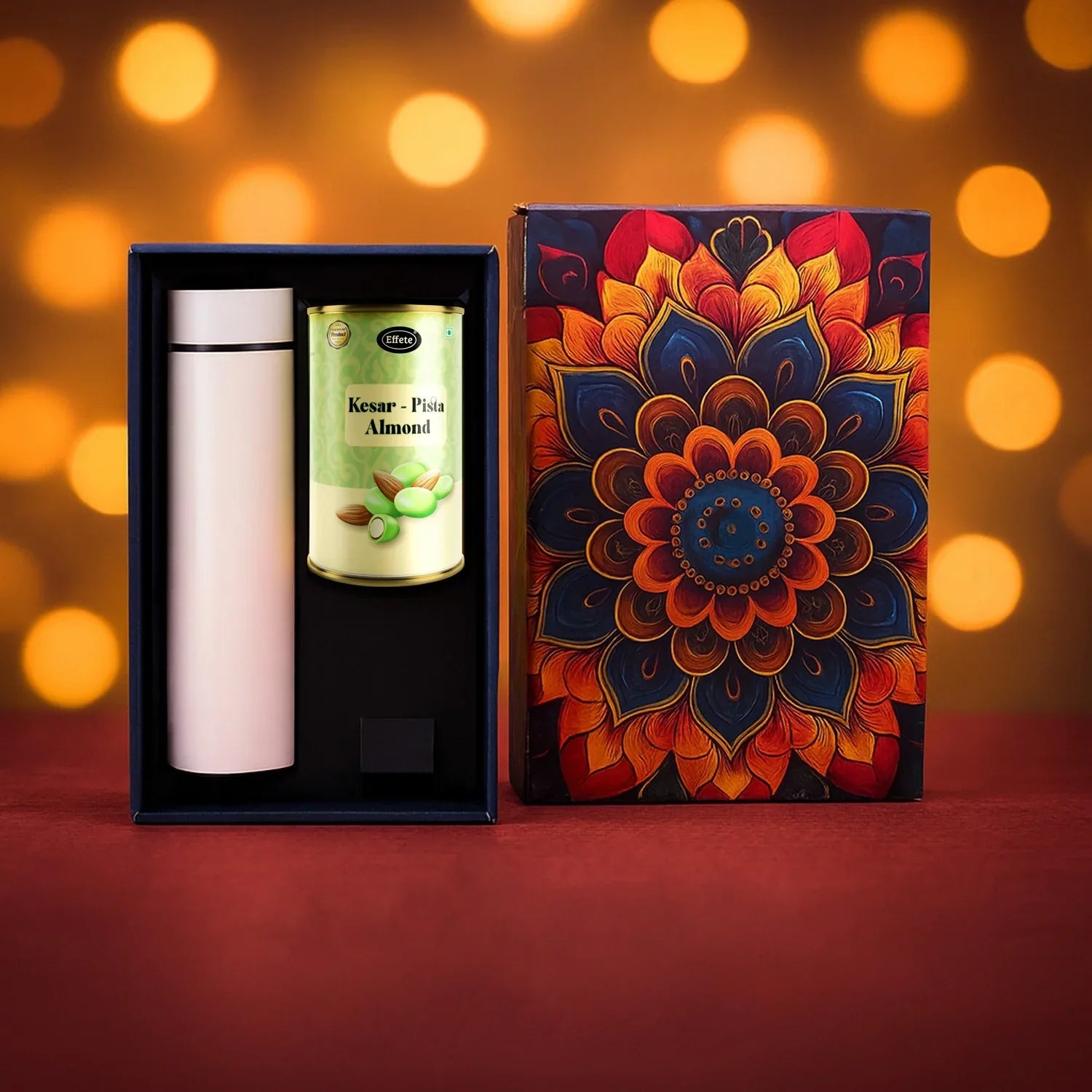 Effete Kesar Pista Almonds Gift Hamper Golden With Bottle (2 Pc Set) - Zidbik