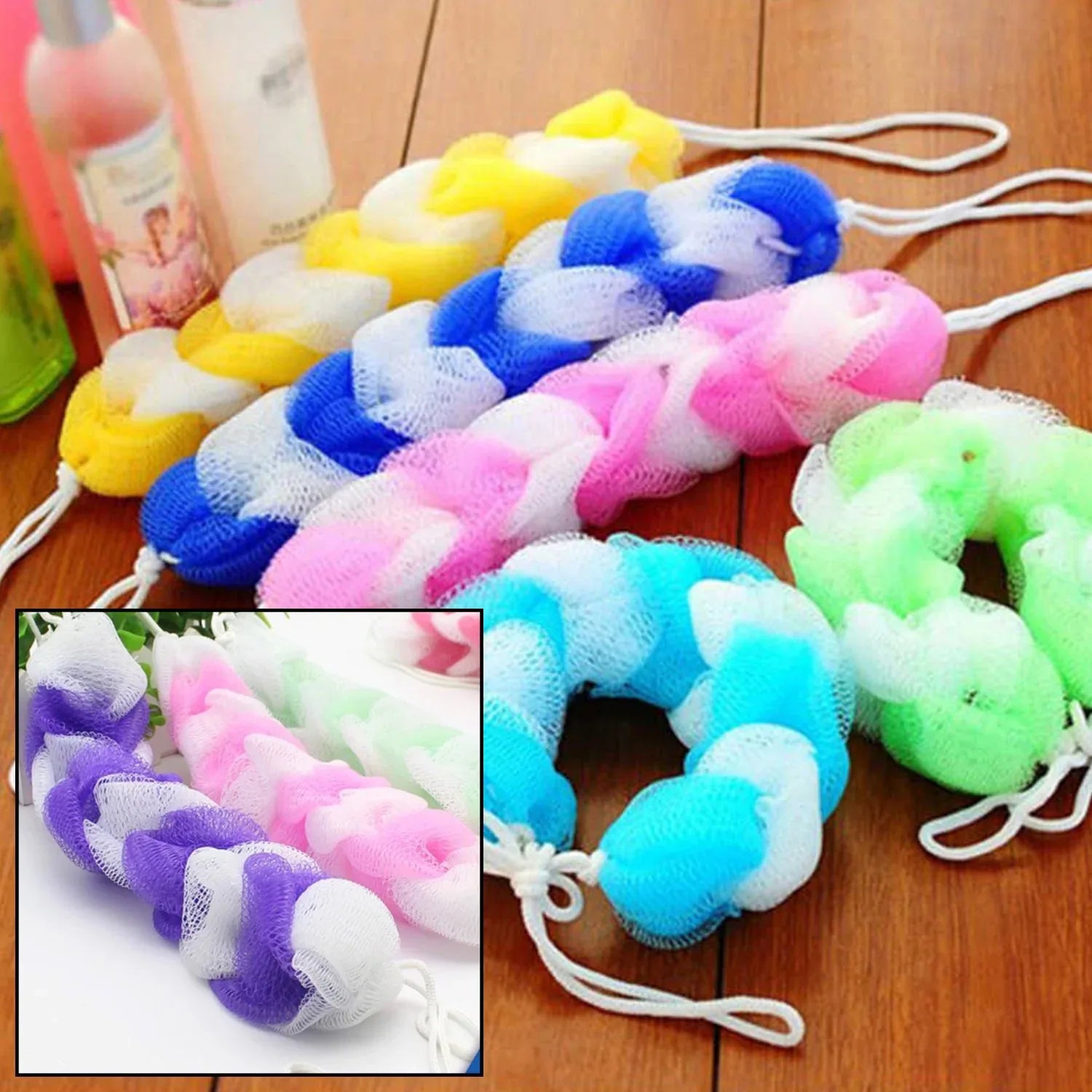 6073 Hanging Bath Shower Long Loofah Sponge Pouf Body Scrubber (Pack Of 6) - Zidbik