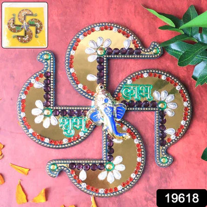 Golden Swastik Shubh Labh Wall Hanging With Ganesh Idol (1 Pc) - Zidbik