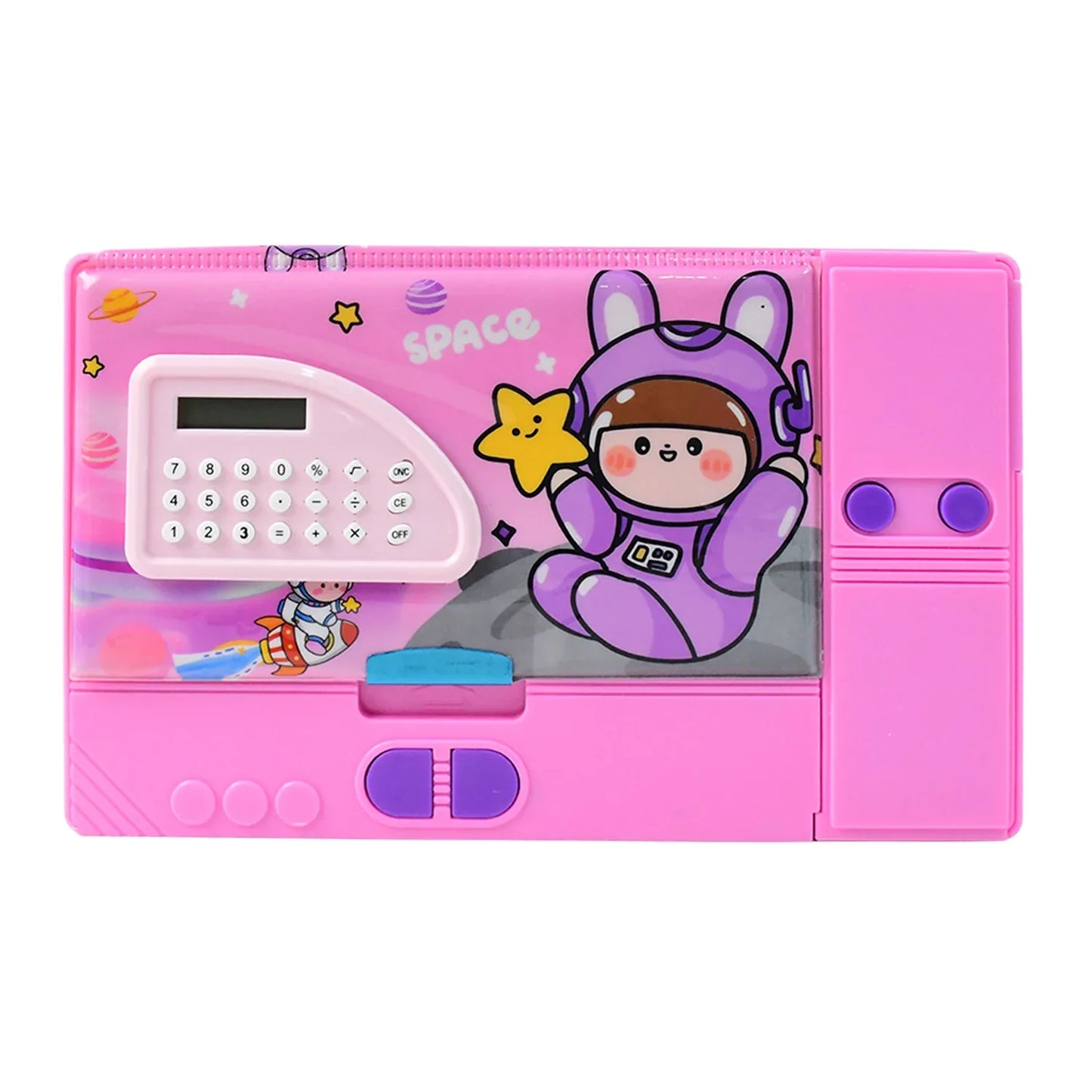 Multi-functional Space Theme Pencil Box With Built-in Calculator (1 Pc) - Zidbik