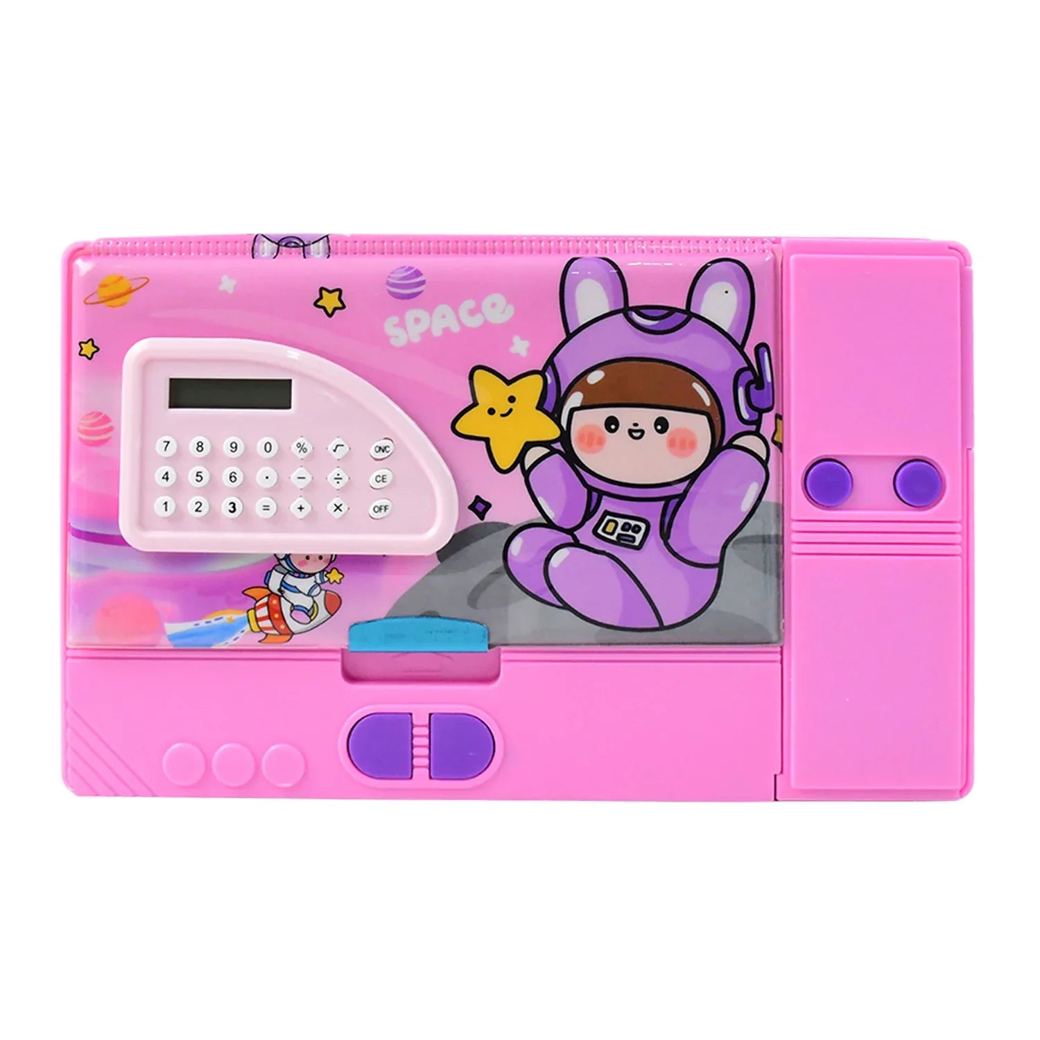 Multi-functional Space Theme Pencil Box With Built-in Calculator (1 Pc) - Zidbik
