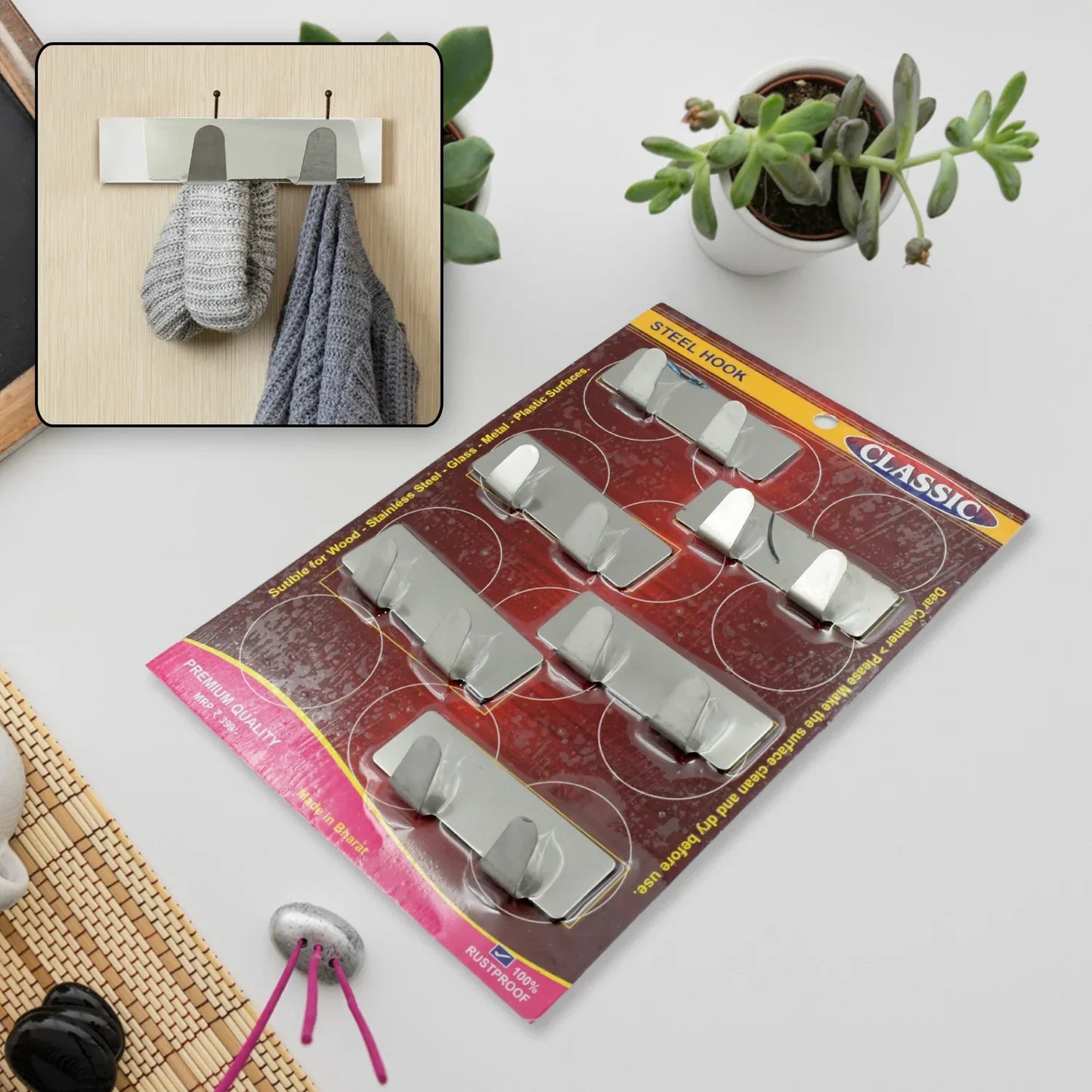 9414 Multipurpose Stainless Steel Self Adhesive Wall Hanging Hooks Sticker Hooksuitable For Wall Paper Calender Bathroom Tiles Kitchen Key Hange And Etc Double Hook (6 Pc Set) - Zidbik