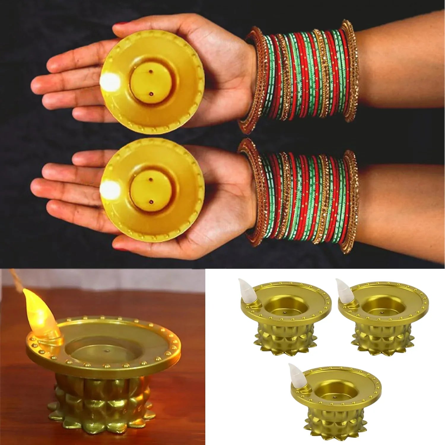 Set Of 3 Water Sensor Led Golden Diyas - Zidbik