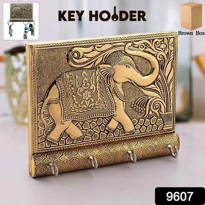 Wooden Key Holder For Home Decor Stylish Metal Gold Antique Elephant Design (1 Pc) - Zidbik