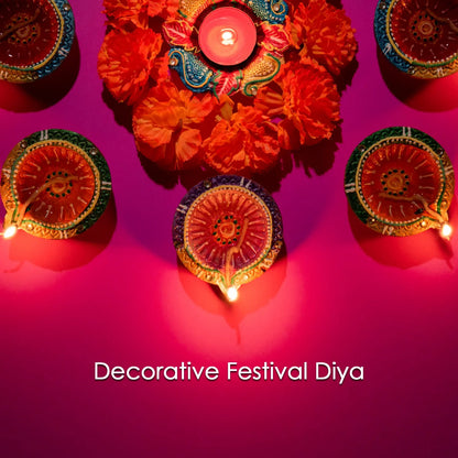 Decorative Hand Painted Clay Puja Diya For Diwali Handmade Diya (6 Pcs Set) - Zidbik