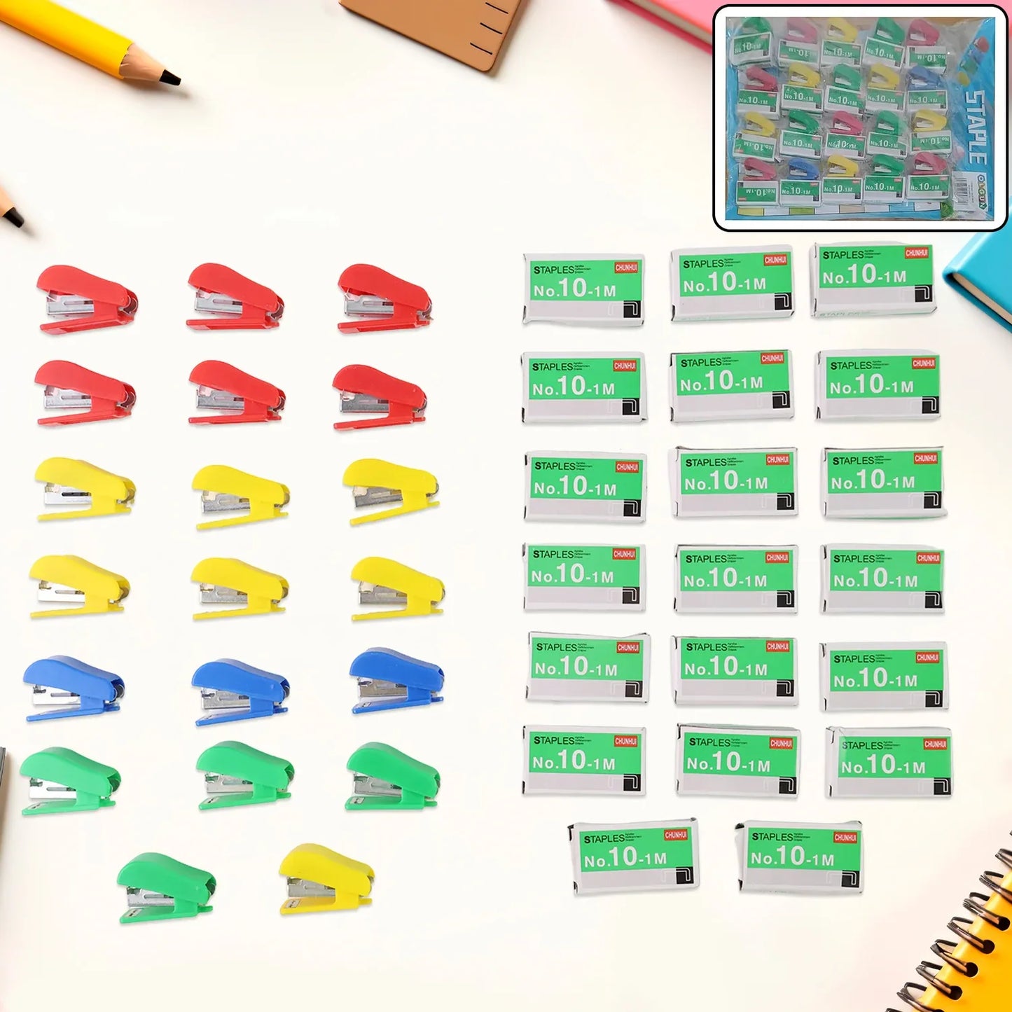 Mini Stapler Set With Staples Assorted Colors No.10 Staplers With Pins (20 Pcs Set) - Zidbik