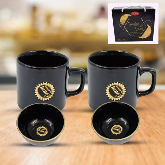 Hide  Seek Ceramic Tea  Cups With Round Serving Bowl (4 Pcs Set) - Zidbik