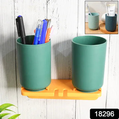 Multipurpose Wall Mount Toothbrush Holder Plastic Stand With 2 Cup (1 Set) - Zidbik