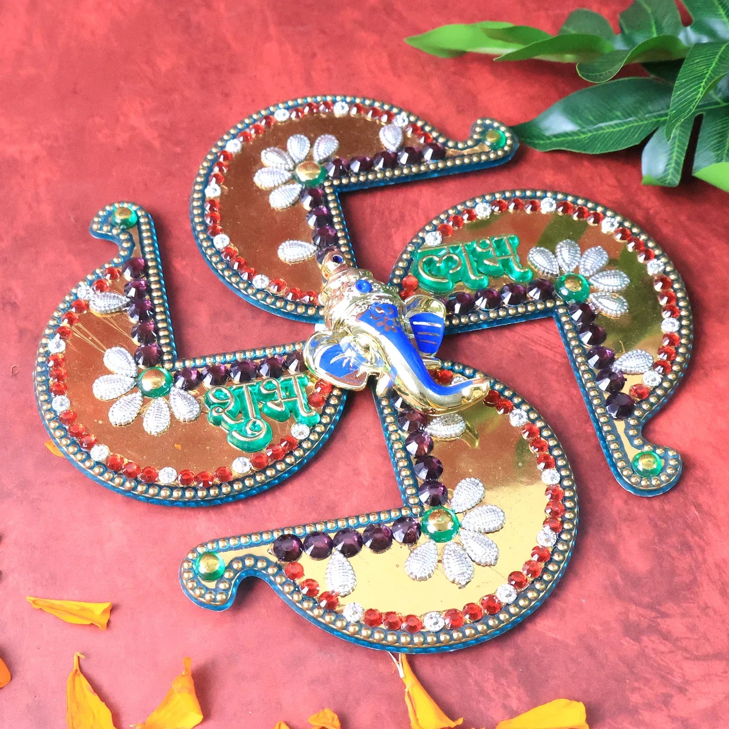 Golden Swastik Shubh Labh Wall Hanging With Ganesh Idol (1 Pc) - Zidbik