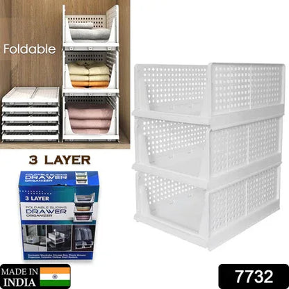 7732 3 Layer Clothes Organizer For Wardrobe Cupboard Organizer For Clothes Foldable And Stackable Closet Organizer Drawer Organizer For Clothes Multi Purpose Plastic Drawer - Zidbik