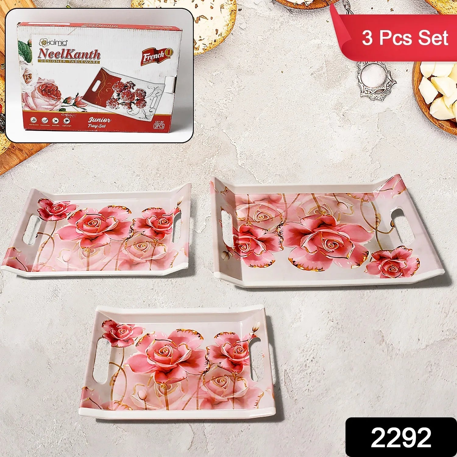 2292 Plastic Rectangular Shape Flower Printed Design Serving Tray 3 Pcs Home And Kitchen Use (3 Pcs Set) - Zidbik