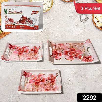 2292 Plastic Rectangular Shape Flower Printed Design Serving Tray 3 Pcs Home And Kitchen Use (3 Pcs Set) - Zidbik