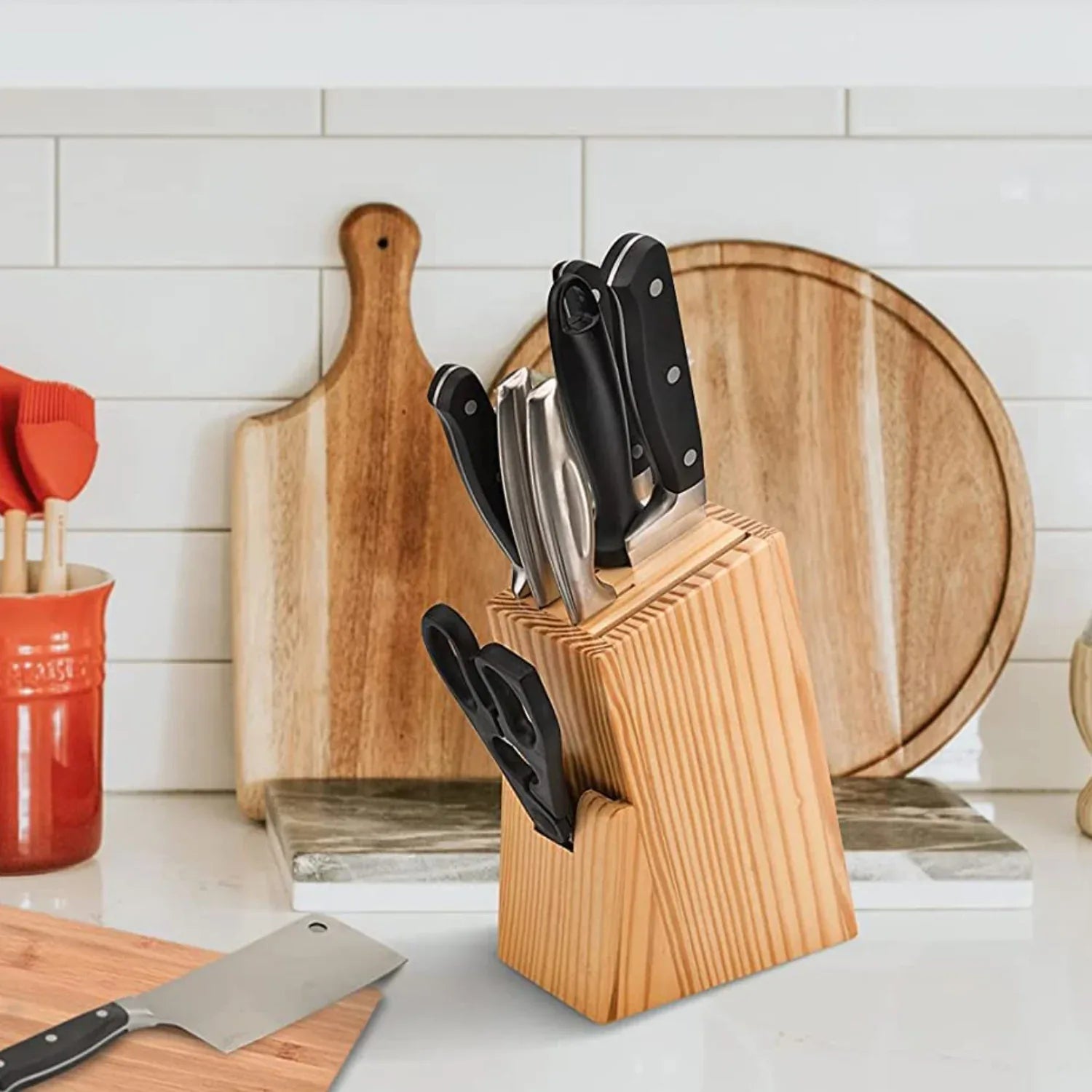 Kitchen Knife Set With Wooden Block And Scissors (5 Pcs Black) - Zidbik