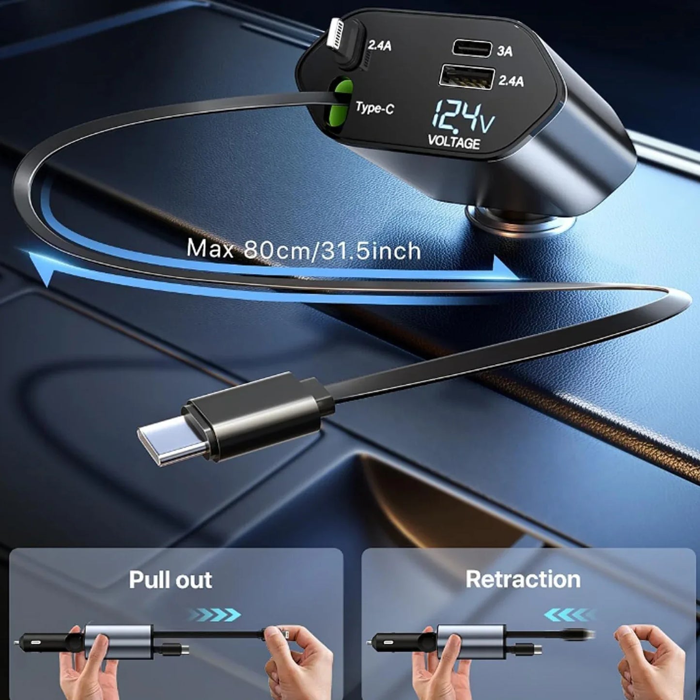4-in-1 Super Fast Car Charger With Dual Built-in Cables Dual Usb Ports - Zidbik