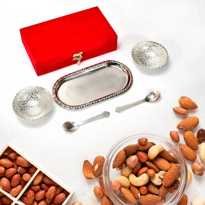 2947a Silver Plated 2 Bowl 2 Spoon Tray Set Brass With Red Velvet Gift Box Serving Dry Fruits Desserts Gift - Zidbik