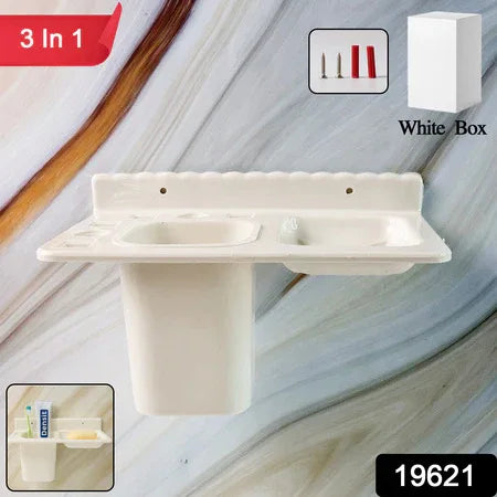 3in1 Wall Mounted Multi-compartment Toothbrush Soap Holder With Cup (1 Pc) - Zidbik