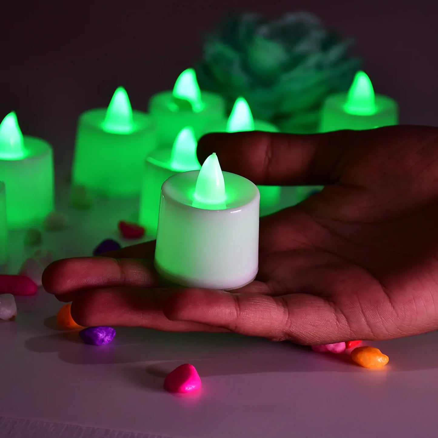 6635 Green Flameless Led Tealights Smokeless Plastic Decorative Candles - Led Tea Light Candle For Home Decoration (Pack Of 24) - Zidbik