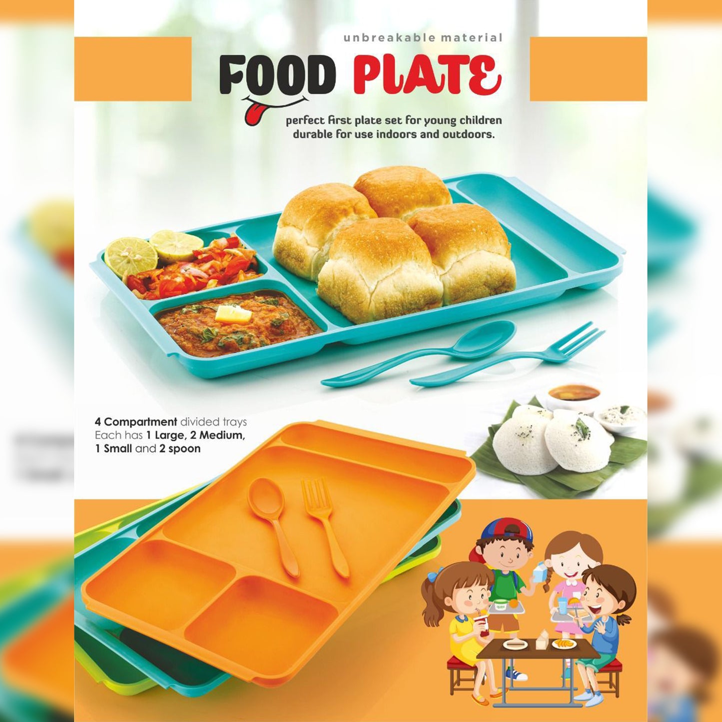 2037 4compartment Dish With Spoon And Fork(1 Dish Set With 1spoon And 1fork) Dinner Plate Plastic Compartment Plate Pav Bhaji Plate 4-compartments Divided Plastic Food Plate. - Zidbik
