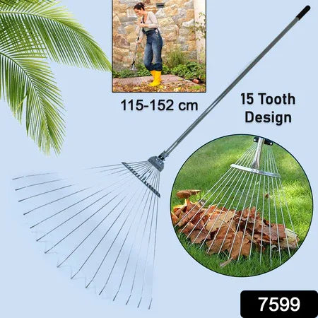 7599 115-152 Cm Rake For Gardening Stainless Steel Telescopic Garden Rake For Quick Clean Up Of Lawn And Yard Adjustable Rake Claws Spacing Garden Broom With Long Handle For Clean Leaves (Moq - 2 Pc) - Zidbik