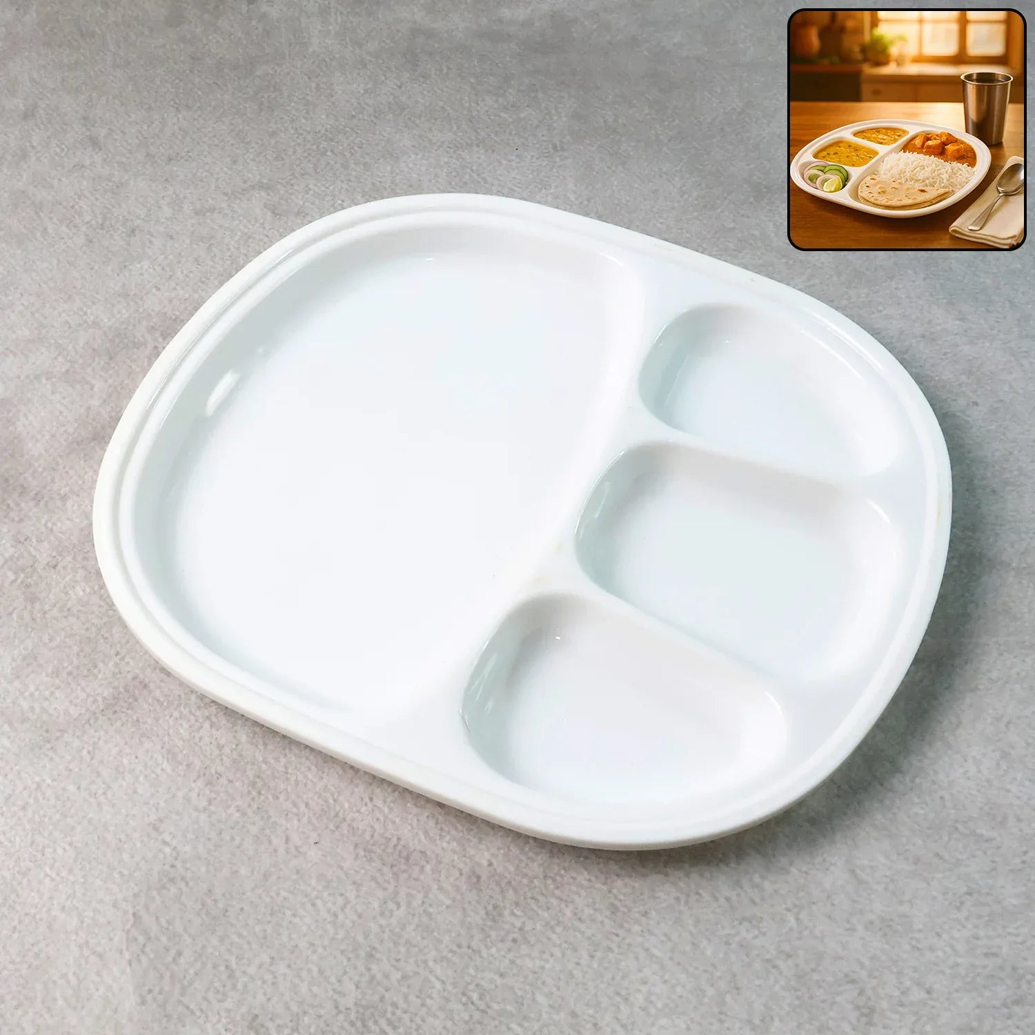 Plastic Large Compartment Dinner Plate Thali With 4 Sections - Zidbik