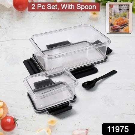 Plastic Kitchen Storage Container Big 800 Ml  Small 250 Ml With Air Seal Lock Lid  Spoon - Zidbik