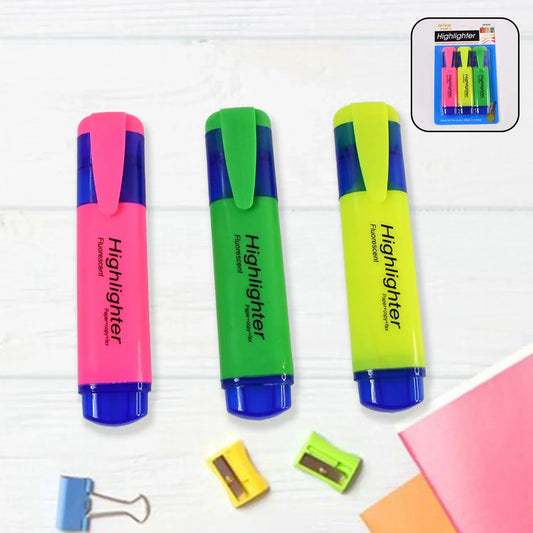 Highlighter Pen Assorted Colours Water Based Broad Tip Writing Marker (3 Pcs Set) - Zidbik