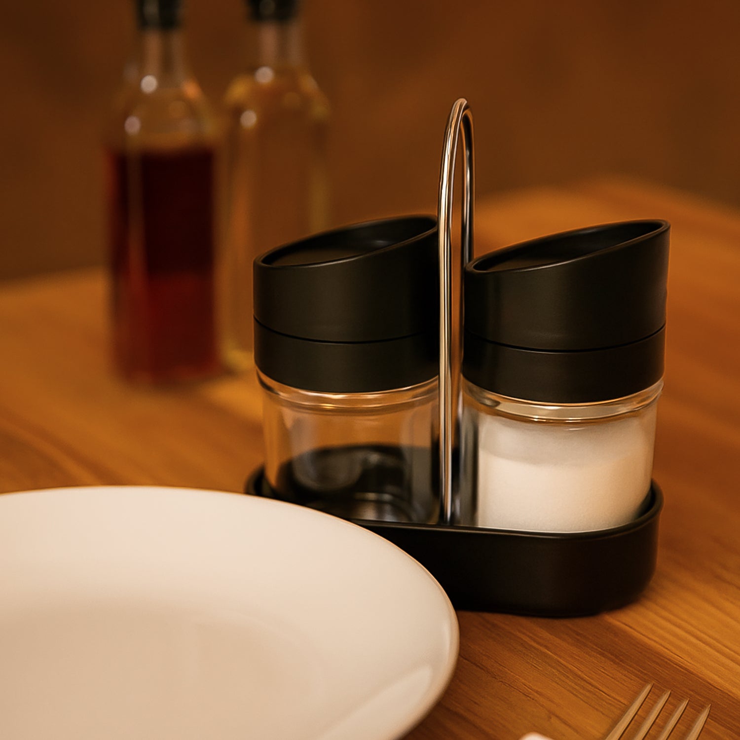 Apex Helix Salt N Pepper 2-piece Plastic Jar Set With Stand - Zidbik