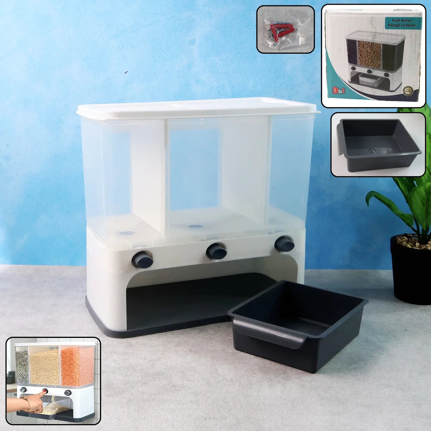 2550 Easy Flow Cereal Dispenser For Kitchen 3 In 1 Push Button Wall Mount Container - Zidbik