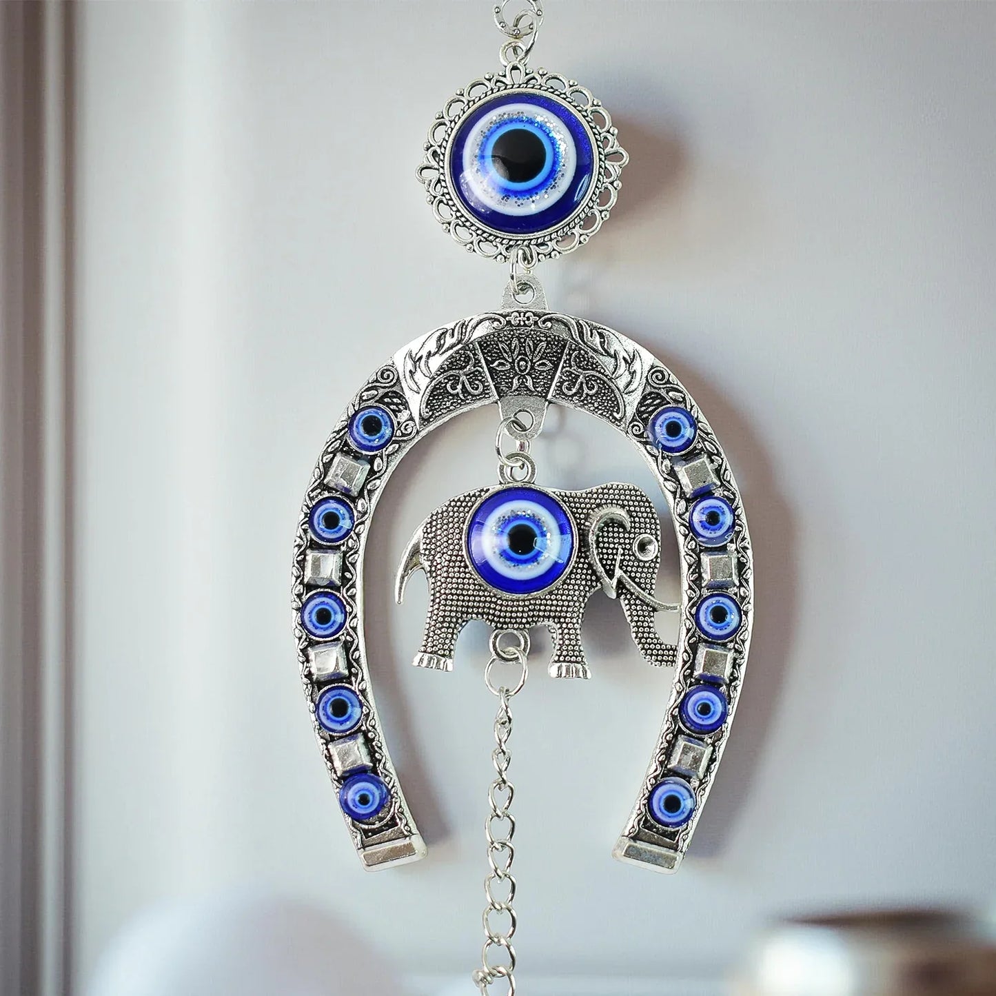 Decorative Evil Eye Hanging With Elephant And Horseshoe Motif Wind Chime (1 Pc) - Zidbik
