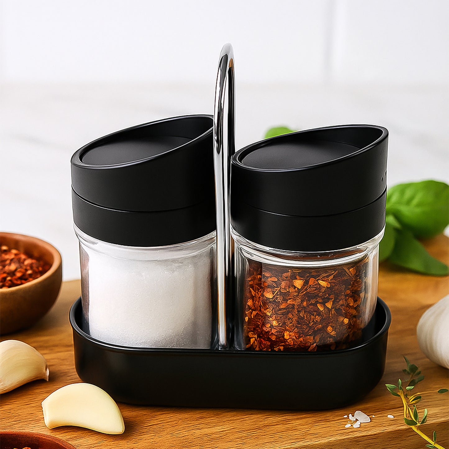 Apex Helix Salt N Pepper 2-piece Plastic Jar Set With Stand - Zidbik