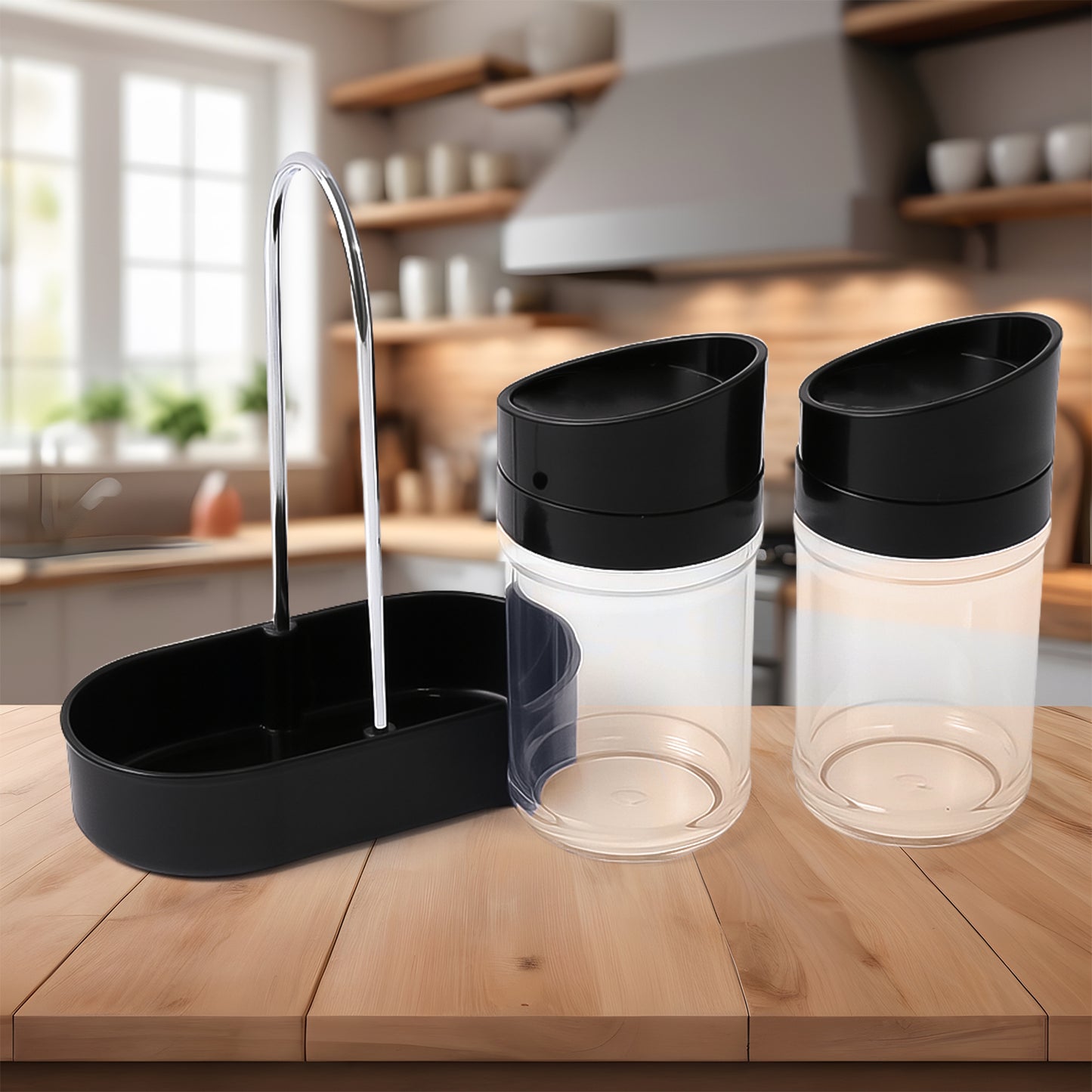 Apex Helix Salt N Pepper 2-piece Plastic Jar Set With Stand - Zidbik