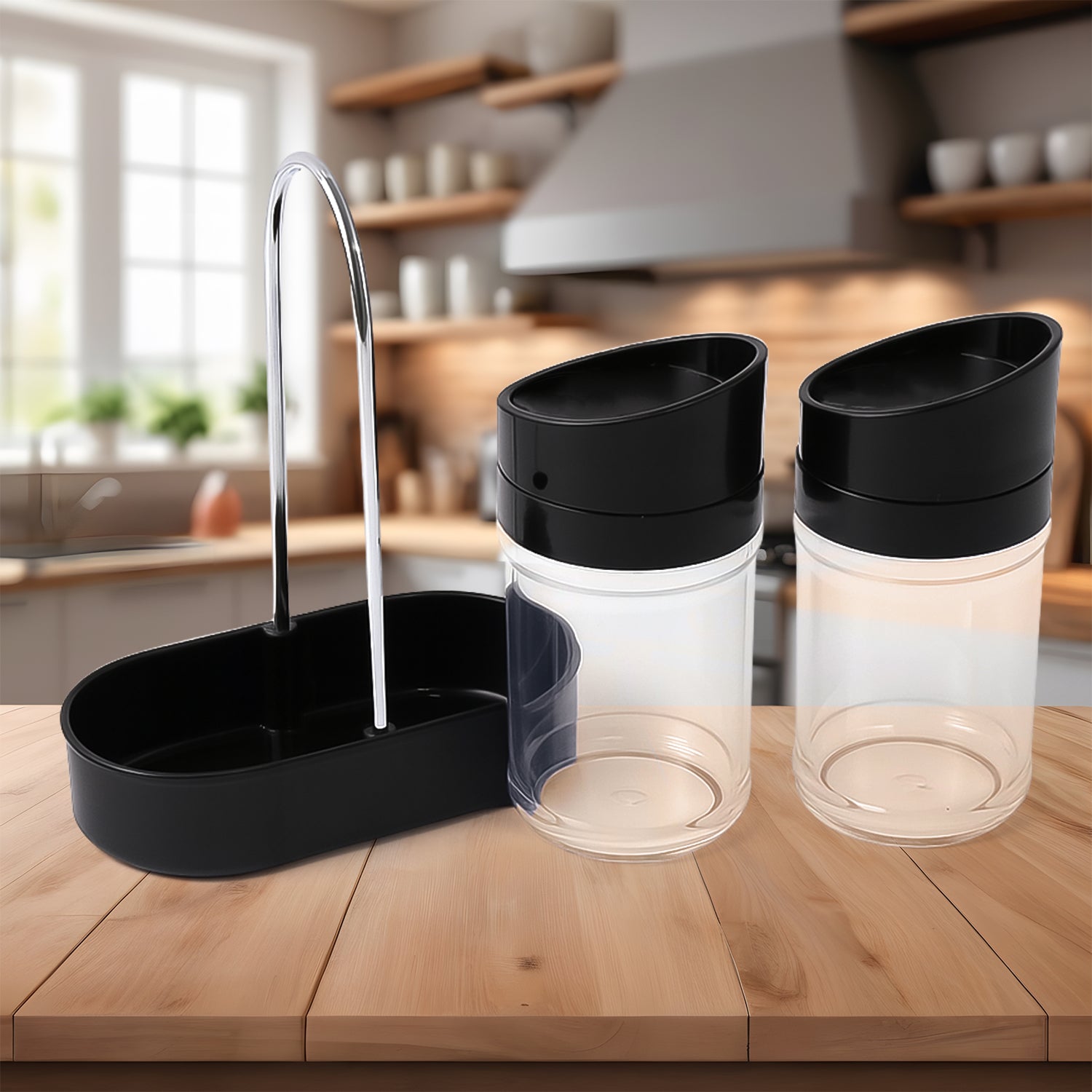 Apex Helix Salt N Pepper 2-piece Plastic Jar Set With Stand - Zidbik