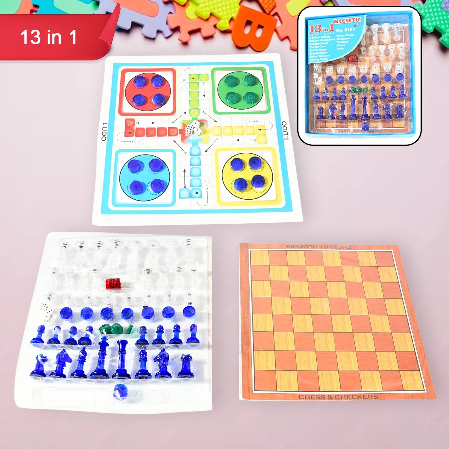 17669 13 In 1 Family Board Game Chess Snakes Ladders Ludo Tic-tac-toe Checkers Travel Bingo Football Space Venture Steeplechase Set For Kids - Zidbik