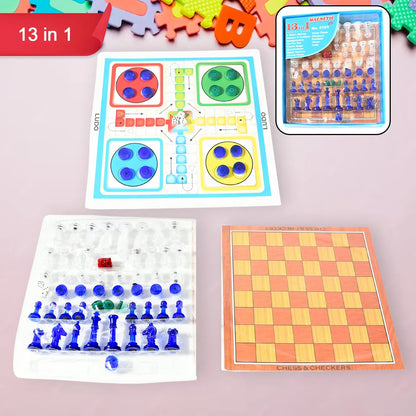 17669 13 In 1 Family Board Game Chess Snakes Ladders Ludo Tic-tac-toe Checkers Travel Bingo Football Space Venture Steeplechase Set For Kids - Zidbik