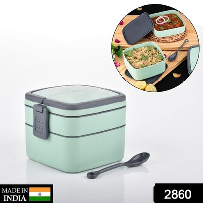2860 Green Double-layer Portable Lunch Box Stackable With Carrying Handle And Spoon Lunch Box - Zidbik