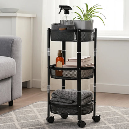 3-layer Round Metal Mesh Utility Storage Trolley With Wheels - Zidbik