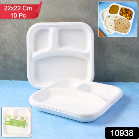 Compostable Bagasse 3-compartment Square Meal Plate - Zidbik