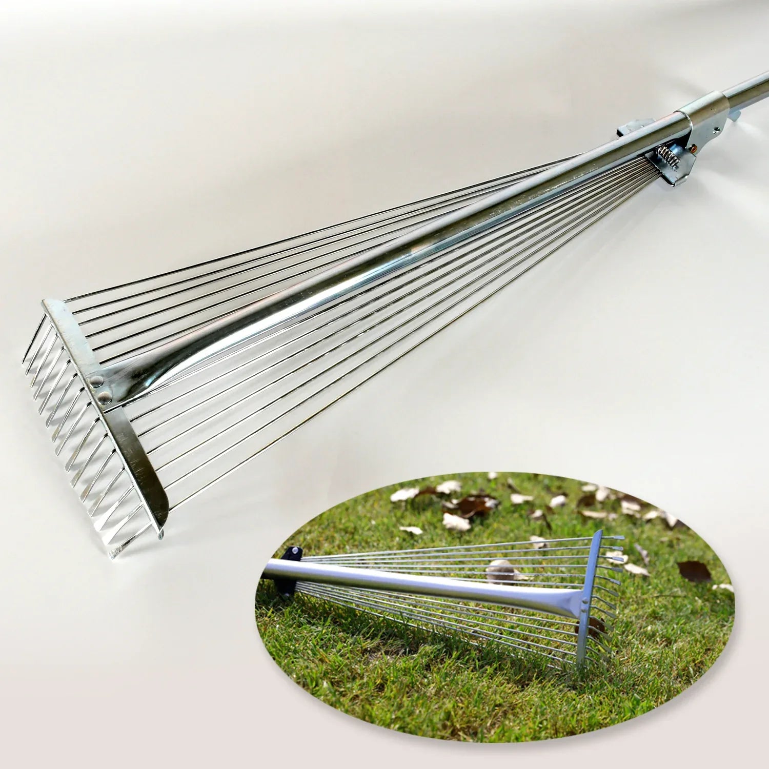 7599 115-152 Cm Rake For Gardening Stainless Steel Telescopic Garden Rake For Quick Clean Up Of Lawn And Yard Adjustable Rake Claws Spacing Garden Broom With Long Handle For Clean Leaves (Moq - 2 Pc) - Zidbik