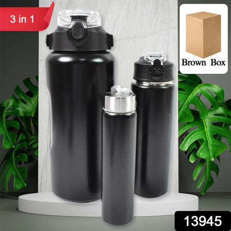 3 In 1 Stainless Steel Insulated Water Bottle Double Wall Vacuum (3 Pcs Set  Different Size) - Zidbik