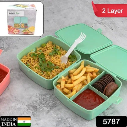 5787 Double-layer Square Lunch Box With Spoon 4 Compartment Tiffin Push Lock Plastic Tiffin Box For Travelling School Kids Office Exclusive Home - Zidbik