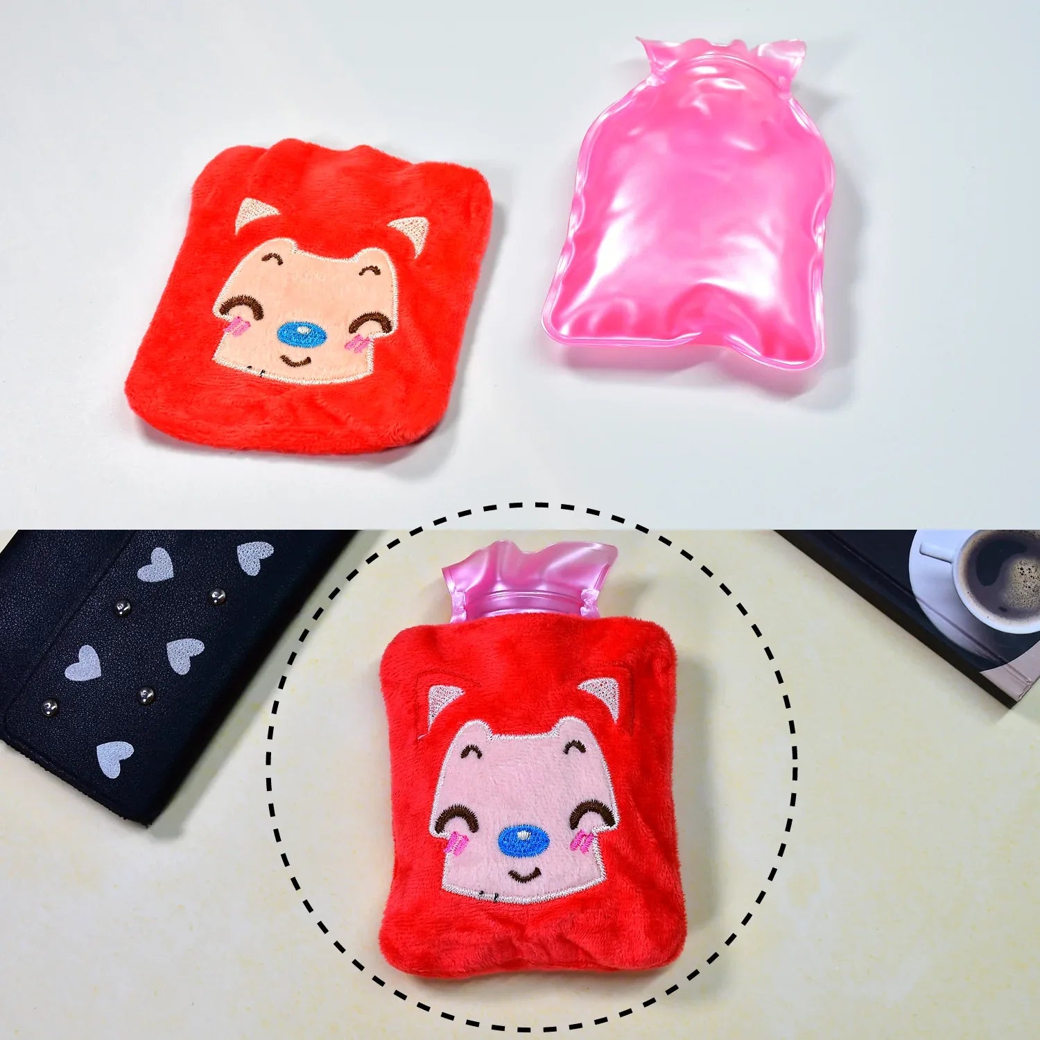 6523 Pink Cat Small Hot Water Bag With Cover For Pain Relief Neck Shoulder Pain And Hand Feet Warmer Menstrual Cramps. - Zidbik