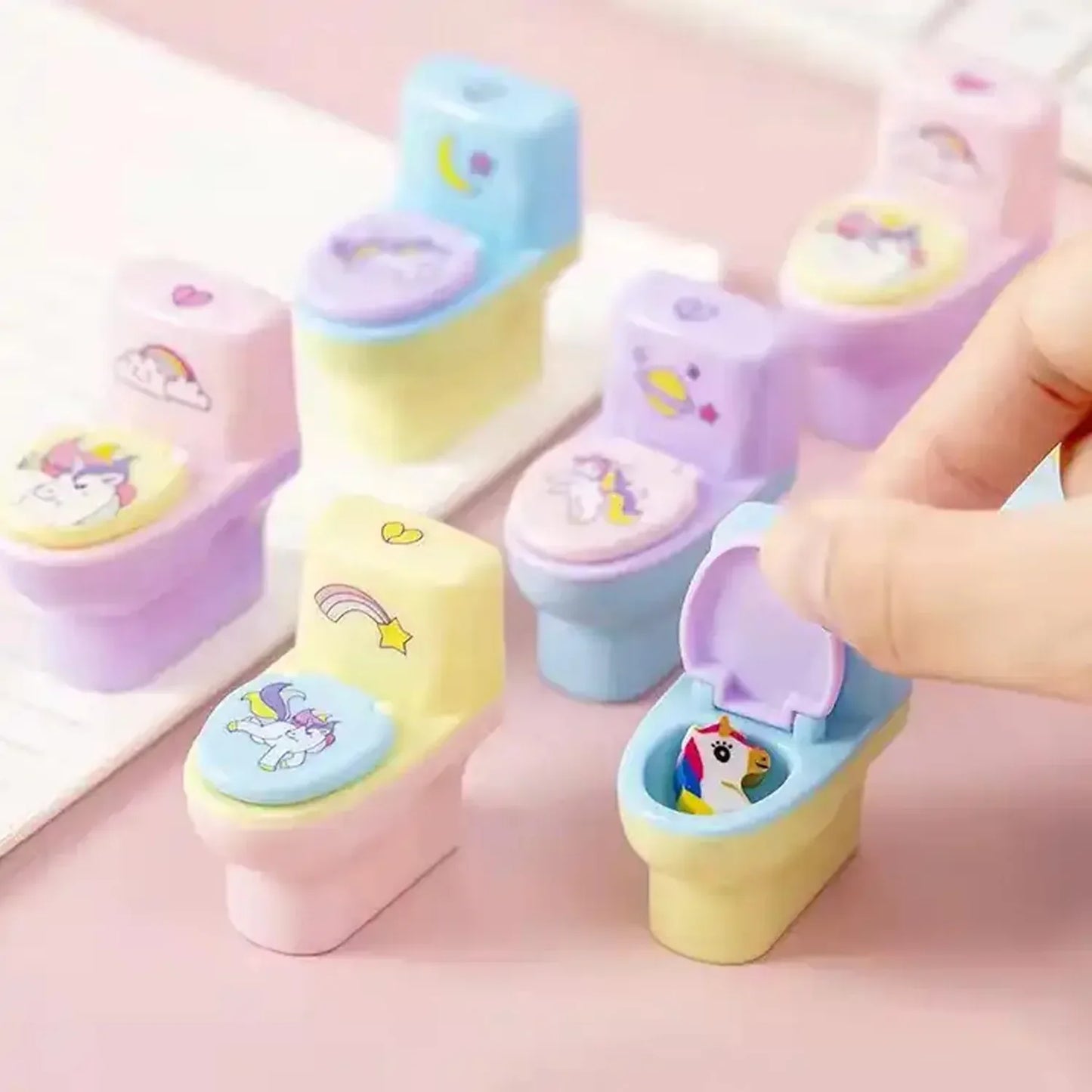 4556 Toilet Pencil Sharpener Plastic Pencil Sharpener Novelty Pencil Sharpener Cute Cartoon Stationery Gift Small Toilet Shaped Sharpener With Eraser Wheel For School Kids (2 Pc Set) - Zidbik