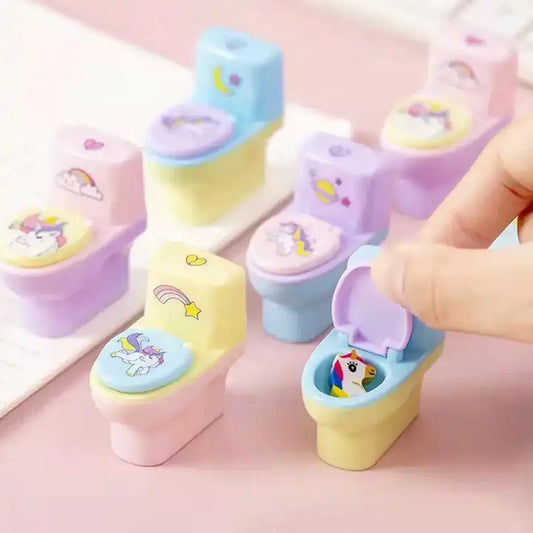 4556 Toilet Pencil Sharpener Plastic Pencil Sharpener Novelty Pencil Sharpener Cute Cartoon Stationery Gift Small Toilet Shaped Sharpener With Eraser Wheel For School Kids (2 Pc Set) - Zidbik