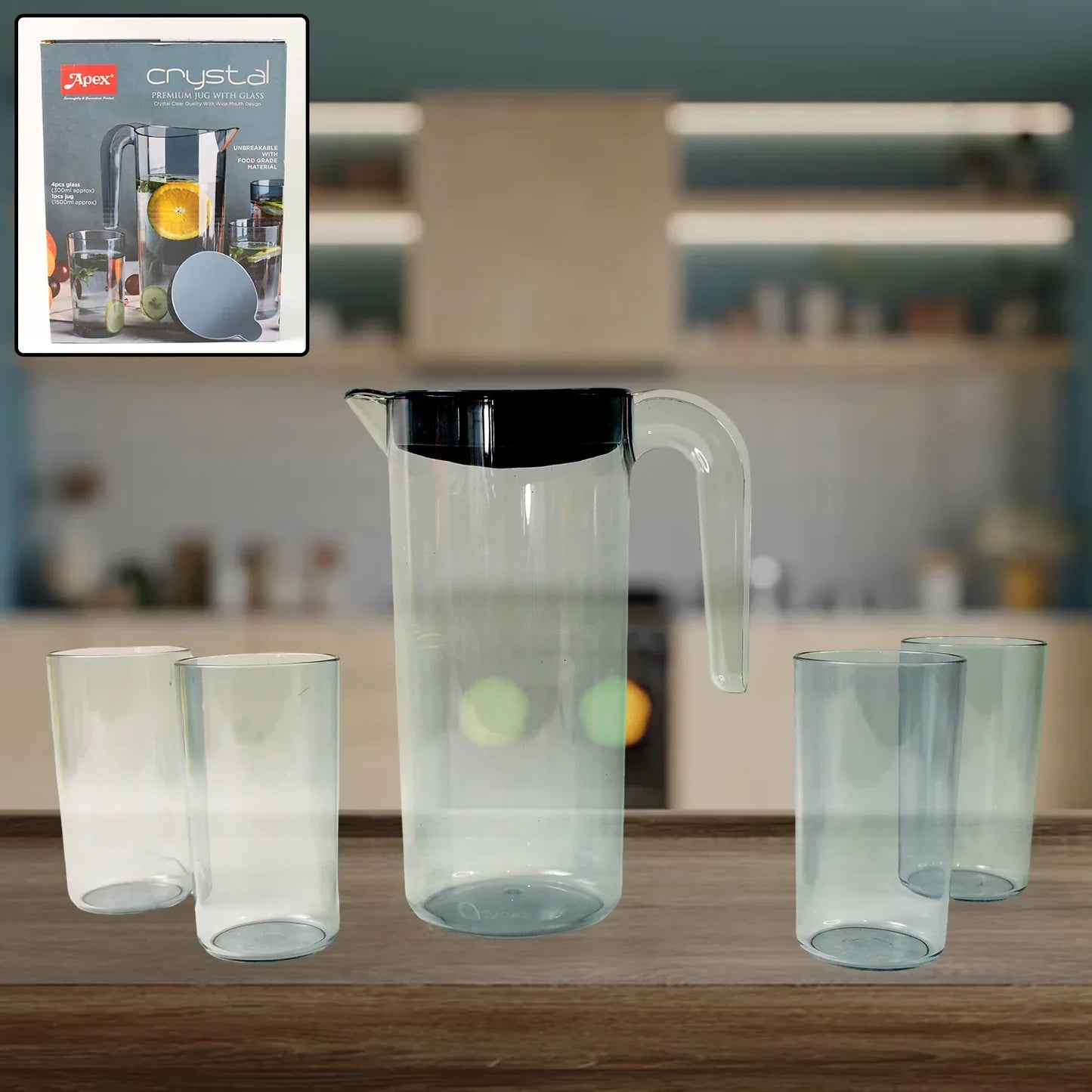 Apex Crystal Premium Jug With Lid  4 Pcs Glass (1500 Ml  300 Ml Approx  5 Pcs Set) - Zidbik