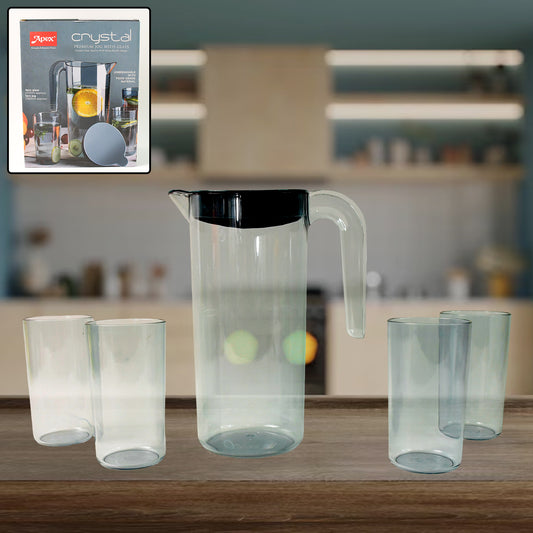 Apex Crystal Premium Jug With Lid  4 Pcs Glass (1500 Ml  300 Ml Approx  5 Pcs Set) - Zidbik