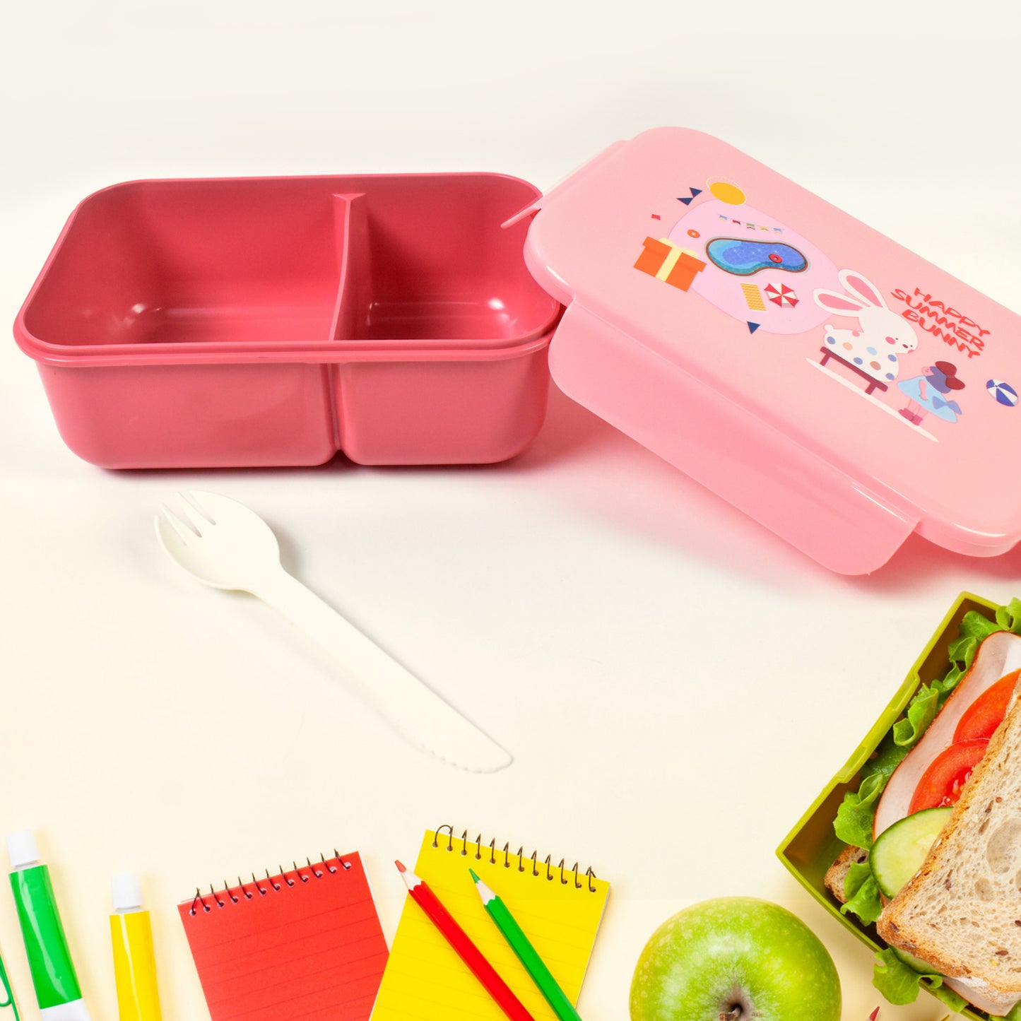 Plastic Lunch Box Leak Proof 2 Compartment With Bottle And Fork (1 Set  Mix Color) - Zidbik