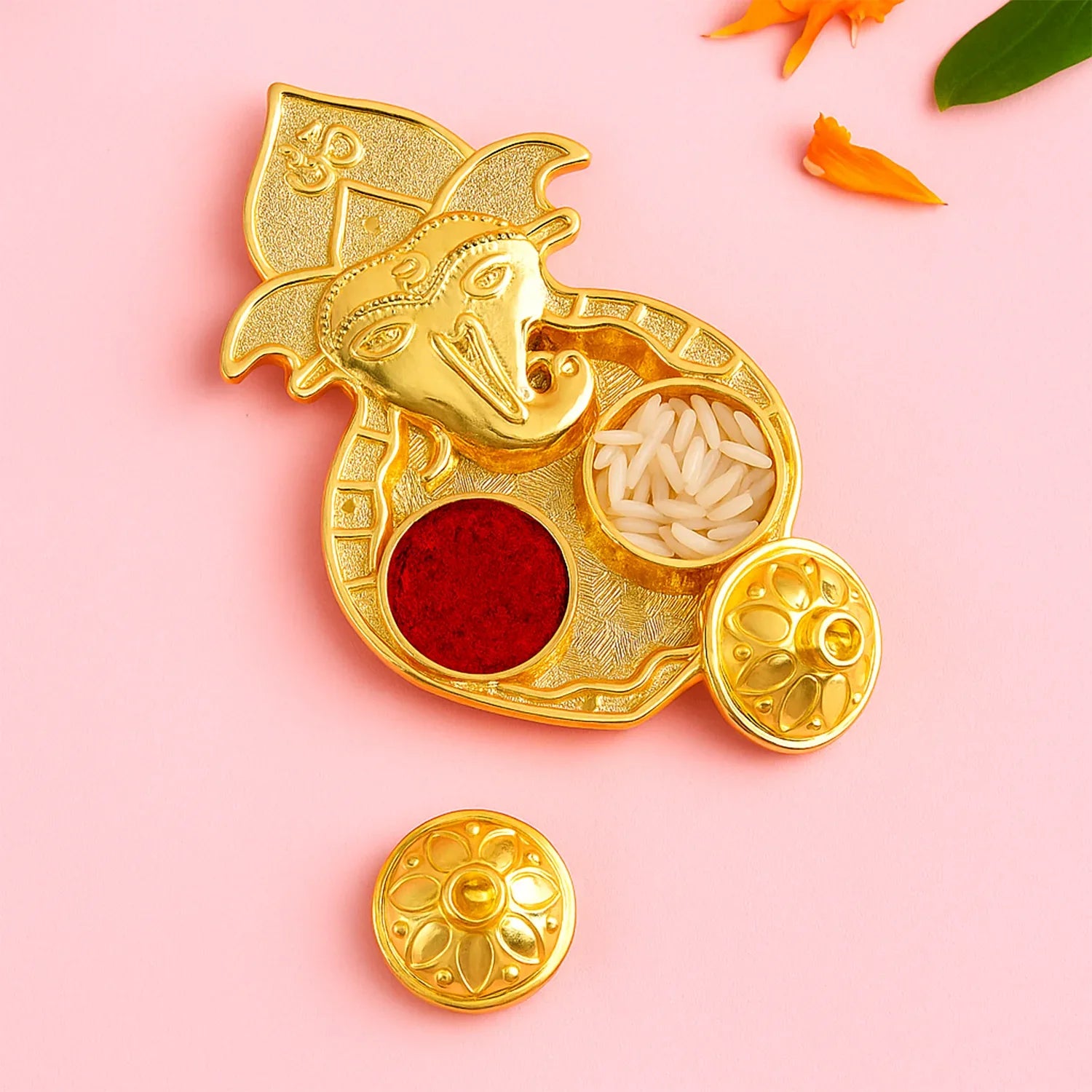 Traditional Golden Lord Ganesha Kumkum Dish (1 Pc) - Zidbik