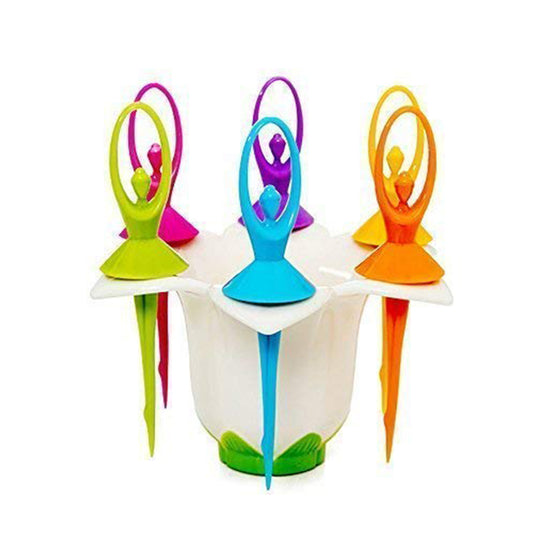 2046 Dancing Doll Fruit Fork Cutlery Set With Stand Set Of 6. - Zidbik