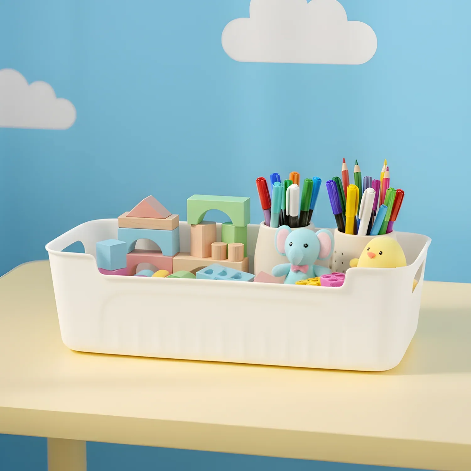 White Plastic Storage Basket Tray Set (4 Pcs) - Zidbik