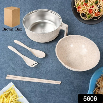 5606 Rice Bowl Noodle 1 Bowl With 1 Lid And Handle Wheat Straw Noodle Bowls With Wheat Straw 1 Fork 2 Chopsticks 1 Spoon For Soup Salad Cooker Snack Set (6 Pcs Set) - Zidbik